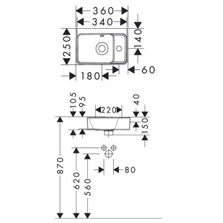 Раковина, Hansgrohe, Xanuia Q, ширина, мм-360, глубина, мм-250, высота, мм-105, тип установки-подвесной/накладной, отверстия для смесителя-1, с переливом, материал-керамика, цвет-белый, артикул 60129450