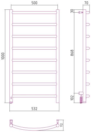 Полотенцесушитель, Сунержа, Галант 4.0, электрический, ширина, мм-532, высота, мм-1000, подключение-слева, нагревательный элемент-греющий кабель, мощность, Вт-147, материал-нержавеющая сталь, цвет-черный матовый, артикул 31-0830-1050