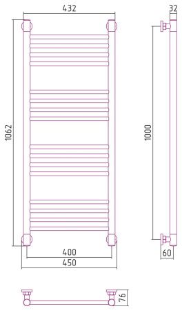 Полотенцесушитель, Сунержа, Богема +, прямая, водяной, ширина, мм-450, глубина, мм-76, высота, мм-1062, межосевое расстояние-400, подключение-диагональное/нижнее/вертикальное, температура теплоносителя-до 95°С, мощность-Вт-496, присоединительный размер-НР