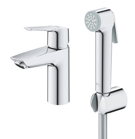 Смеситель для раковины GROHE Start 2021 однорычажный, с гигиеническим душем и настенным держателем, размер S, без донного клапана, хром (23123003)