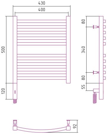 Полотенцесушитель, Сунержа, Аркус 3.0, электрический, ширина, мм-430, глубина, мм-92, высота, мм-620, межосевое расстояние-400, подключение-нижнее слева, электрокомплект-МЭМ, мощность, Вт-300, материал-нержавеющая сталь, цвет-сталь