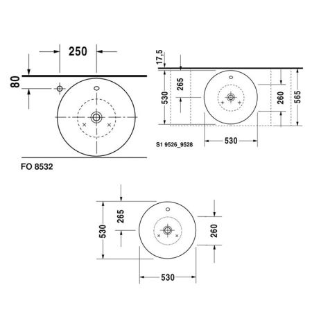 Duravit Раковина накладная  круглая 530мм, без отв под смеситель, с переливом, цвет белый, артикул 0408530000