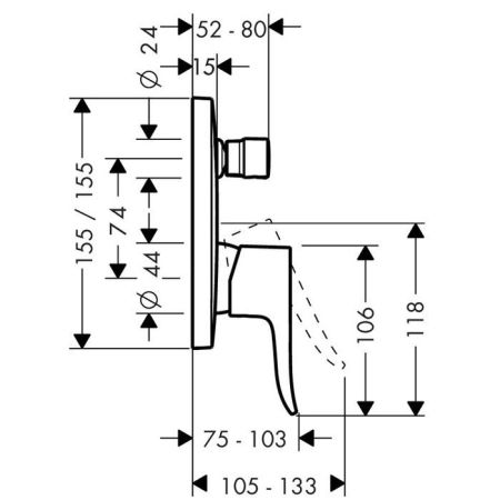 Смеситель для душа, Hansgrohe, Metris, тип открывания воды-однорычажный, тип регулирования воды-керамический узел смешивания, тип установки-встраиваемый, комплектация-ручка, гильза, розетка, функциональный блок, цвет-хром, артикул 31454000