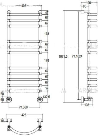 Полотенцесушитель, Margaroli, Luna, водяной, 434, ширина, мм-425, высота, мм-1071.5, межосевое расстояние-360, мощность, Вт-351, цвет-Chrome