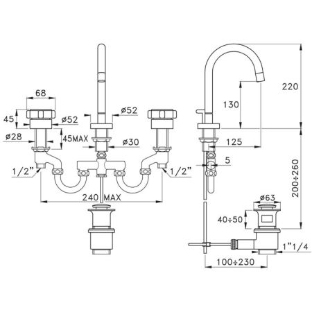 Stella Aster Смеситель для раковины на 3 отверстия 3221, с донным клапаном, цвет: хром, артикул AT 00026 CR00