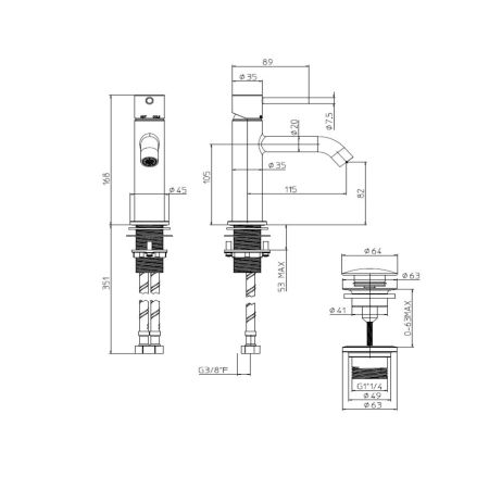 Смеситель для раковины, Bossini, Teo, тип открывания воды-однорычажный, тип регулирования воды-керамический картридж, монтаж-на раковину/столешницу, отверстия для монтажа-1, высота, мм-168, вынос излива, мм-115, тип излива-неподвижный, донный клапан 1 1/4, артикул Z00701.030