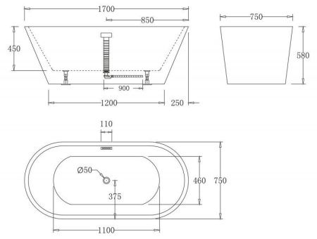 Акриловая ванна без перелива BELBAGNO BB61-1700-W0, 1700х750х600