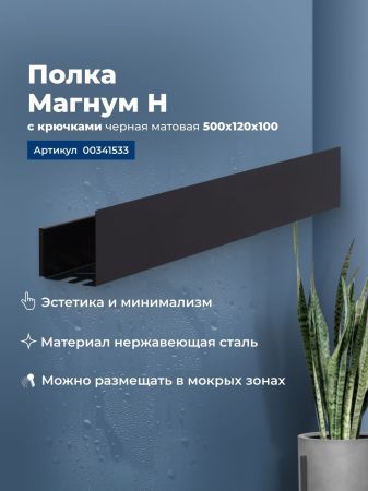 Полка Aquanet Магнум Н 50x12 черная матовая, с крючками, артикул 00341533