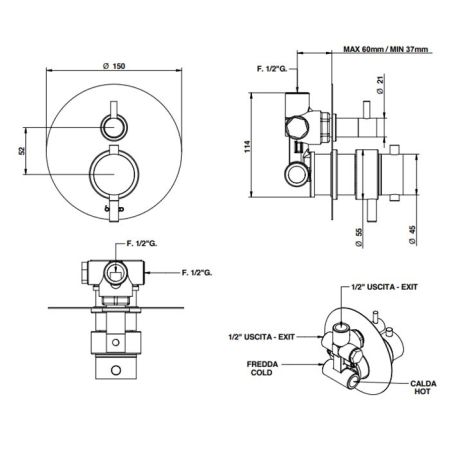 BONGIO Термостатический смеситель с переключателем на 2 положения, цвет матовый черный хром (без встраив части 09766), артикул 68569NMPREU