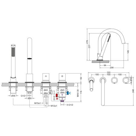 Смеситель для ванны с душем, врезной с термостатом Timo Saona 2330/03Y черный, артикул 2330/03Y