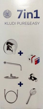 Душевой комплект, Kludi, Pure&Easy, смеситель-в комплекте, монтаж смесителя-настенный встраиваемый, тип открывания воды-однорычажный, тип регулирования воды-керамический картридж, внутренняя часть-в комплекте, верхний душ-есть, форма верхнего душа-круглая, артикул 376400565