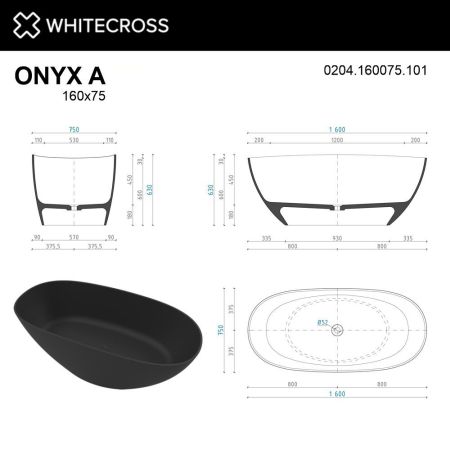 Ванна WHITECROSS Onyx A 160x75 (черный глянец) иск. камень, артикул 0204.160075.101