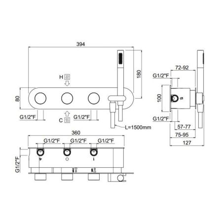 Внутрення часть, Carimali, для смесителя c держателем для душа, на 4 выхода, установка-горизонтальная, цвет-хром, артикул W21949CR