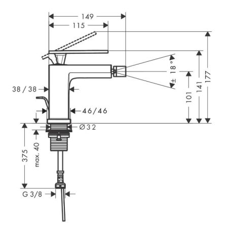 Смеситель для биде, Hansgrohe, Tecturis E, тип открывания воды-однорычажный, тип регулирования воды-керамический картридж, отверстия для монтажа-1, высота, мм-141, вынос излива, мм-149, материал ручки-металл, цвет ручки-в цвет смесителя, донный клапан-ест, артикул 73200700