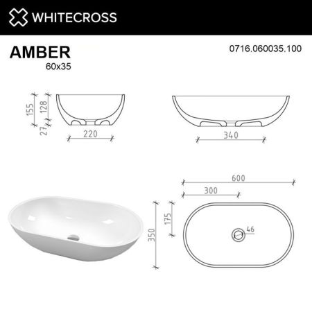 Умывальник WHITECROSS Amber 60x35 (белый глянец) иск. камень, артикул 0716.060035.100