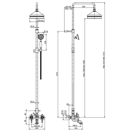 FIMA|Carlo Frattini Epoque Смеситель для ванны внешнего монтажа, с душевой стойкой, верхним душем Ø 200 мм и душевым комплектом, цвет бронза, артикул F5054/2BR