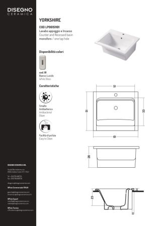 DС Landscape YORKSHIRE, накладная и встраиваемая постирочная раковина 61х51хh28 см, c 1 отверстием, цвет белый глянцевый, артикул LP06151101