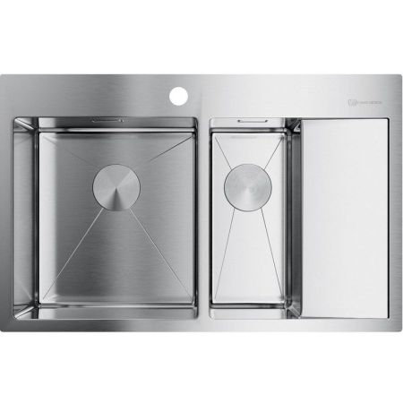Мойка, OMOIKIRI, Akisame, с крылом, число чаш-2 слева, ширина, мм-780, глубина, мм-510, высота, мм-200, тип установки-встраиваемый, отверстия для смесителя-1, с переливом, сифон и донный клапан с декоративными накладками в комплекте, материал-нержавеющая, артикул 4973062