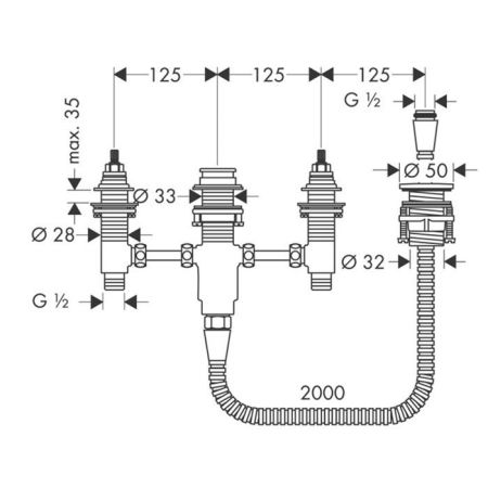 Внутренняя часть, Hansgrohe, назначение-смеситель для ванны и душа, стандарт подвода воды-1/2", не окрашен, с керамическими вентилями, на 4 отверстия, состоит из: скрытая часть, держатель для душа, шланг для душа, артикул 13244180