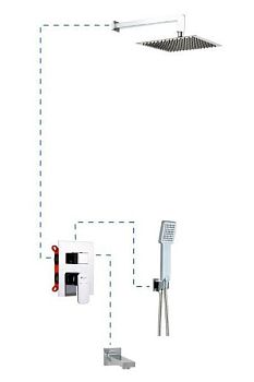 AQG, душевой комплект EC316 на 3 потребителя, с квадратным изливом, с квадратным верхним душем 25х25 см и кронштейном 35 см, цвет хром