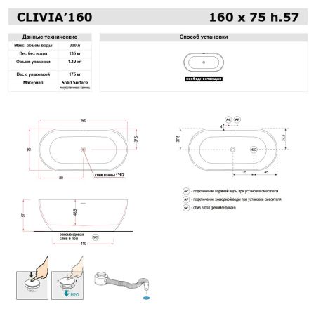 Gruppo Treesse Clivia Ванна отдельностоящая 160х75х57 см, из композита , со щелевым переливом, цвет белый глянцевый цена со склада), артикул V446BL