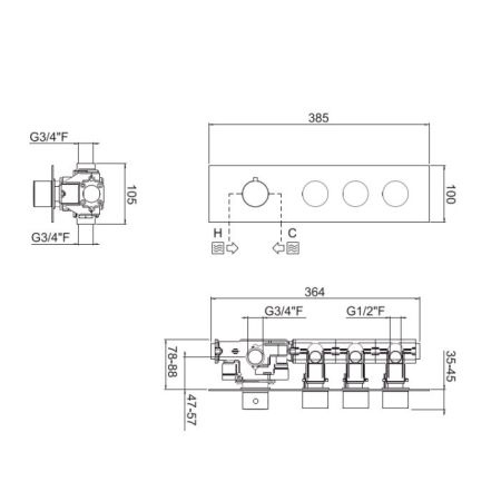 Carimali ILTONDO Внешняя часть горизонтальная термостатического смесителя на 3 потребителя. Квадратная пластина и круглые ручки. хром