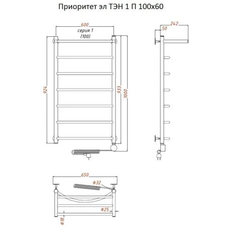 Электрический полотенцесушитель Тругор Приоритет 1 элТЭН 100x60 с полкой Хром, артикул Приоритет1/элТЭН10060П