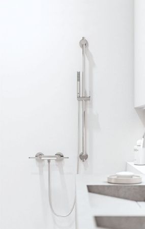 Душевой гарнитур, Kludi, Nova Fonte Puristic, размер штанги, мм-880, размер шланга, мм-1600, размер душевого диска, мм-25*185, форма лейки-цилиндрическая, количество режимов-1, тип стуи-бодрящая струя, держатель для душа с регулировкой по вертикали и гори, артикул 2084005-15