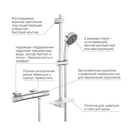 Термостат для душа внешнего монтажа GROHE Precision Feel с душевым гарнитуром, хром (34791000), артикул 34791000