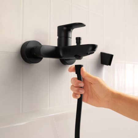 Смеситель для ванны и душа, Hansgrohe, Rebris S, тип открывания воды-однорычажный, тип регулирования воды-керамический картридж, монтаж-настенный, отверстия для монтажа-2, вынос излива, мм-173, регулируемое ограничение температуры, дивертер с переключател, артикул 72440670