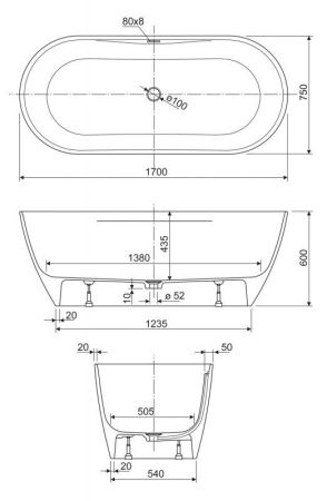 Ванна из искусственного мрамора CEZARES TITAN-ROUND-170-75-57, артикул TITAN-ROUND-170-75-57