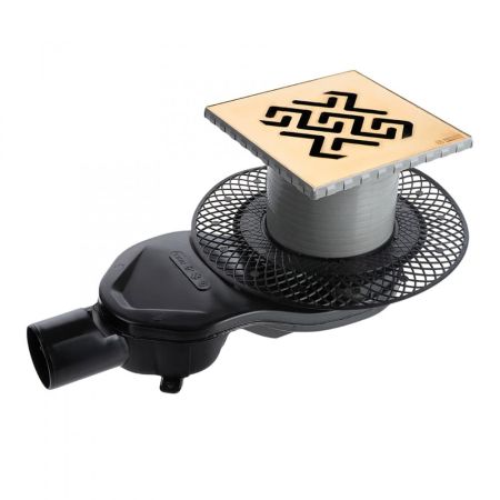 Трап BERGES водосток PLATZ Antik 150х150, золото глянец, S-сифон D50 H60 боковой, артикул 092161