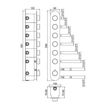 Carimali ILTONDO Внешняя часть вертикальная  термостатического смесителя с 6 запорными вентилями,цвет хром, артикул 21067EST/A-CR