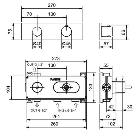 Fantini Nostromo Термостатический встраиваемый смеситель для душа на 2 потока , с поворотной ручкой, цвет Matt Copper PVD