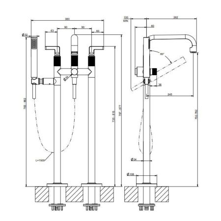 Gessi Inciso Напольный смеситель для ванны с ручным душем (внешние части), цвет: Gold PVD