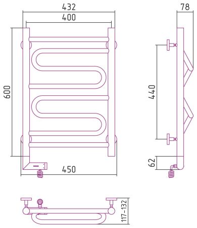 Полотенцесушитель электрический "ЭЛЕГИЯ 2.0" 600х400 / МЭМ левый (Без покрытия), артикул 00-5218-6040