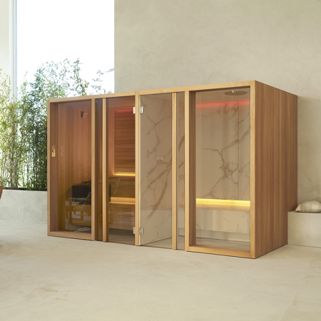 Effegibi Yoku Spa Shelf Сауна&Хаммам 444x170h217см, пристенная, цвет: сауна чёрный орех/Calacatta Gold Extra, артикул YO 70 31 0004