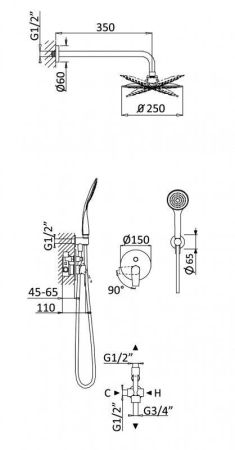 Душевая система с переключателем для верхнего и ручного душа CEZARES NAUTIC-DSIP, артикул NAUTIC-DSIP-01