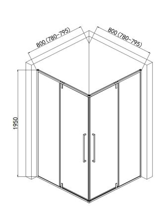 Душевой уголок 800*800*1950мм, стекло 6мм, цвет профиля матовый черный., артикул AQM7102-2-8