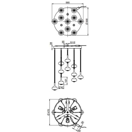 FIMA|Carlo Frattini Wellness Верхний душ Melograno, потолочный монтаж, 10 капсул из закалённого сатинированного стекла, 3 лампы подсв (3000K), цв хром, артикул F2997CR