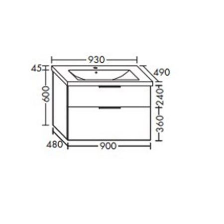 BURGBAD Eqio База подвесная с керамическим умывальником 930х490х645 мм. 2 ящика с ручкой желоб., c 1 отв под смес.   цвет серый глянц F2010