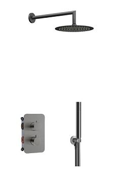 AQG Aqua, душевой комплект на 2 потребителя:c термостатом, с круглым верхним душем 25х25 см и кронштейном, цвет оружейная сталь (PVD)