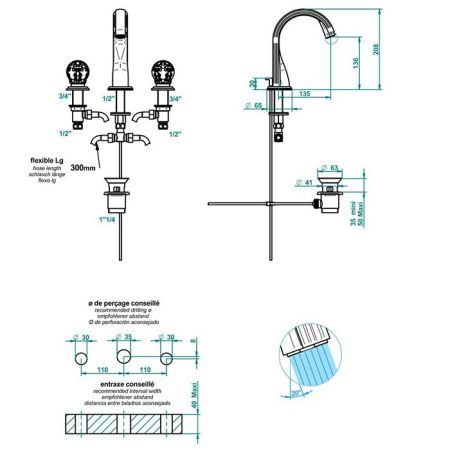 THG FLORE Смеситель для раковины на 3 отверстия, с донным клапаном, цвет хром, артикул U5A-A02-151