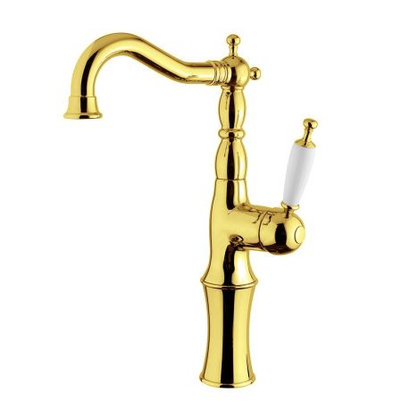 OXFORD Смеситель для раковины моноком. высокий, ручка белая, золото, артикул 19174