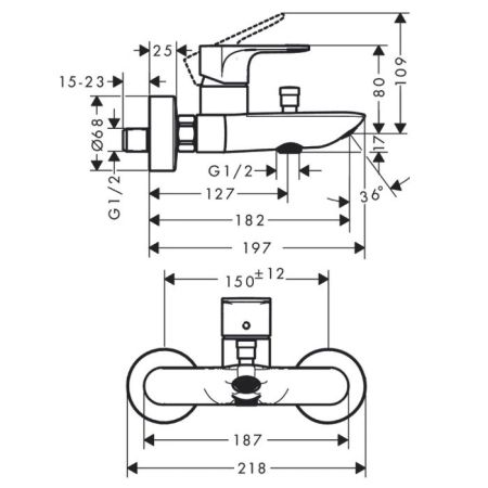 Смеситель для ванны и душа, Hansgrohe, Rebris E, тип открывания воды-однорычажный, тип регулирования воды-керамический картридж, монтаж-настенный, отверстия для монтажа-2, вынос излива, мм-182, регулируемое ограничение температуры, дивертер с переключател, артикул 72450670