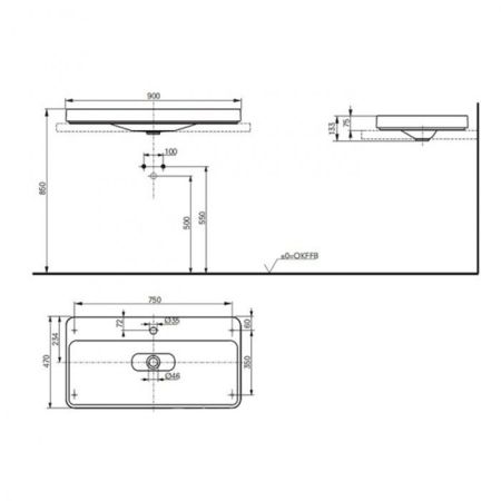 TOTO SG Раковина полувстраиваемая 900х470х65мм,, с 1 отв.под смеситель, без перелива, CeFiONtect, цвет: белый