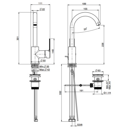 Смеситель для раковины, Fima Carlo Frattini, Mast, тип открывания воды-однорычажный, монтаж-на раковину/столешницу, отверстия для монтажа-1, высота, мм-301, вынос излива, мм-155, донный клапан-есть, тип подводки-гибкий, стандарт подвода воды-3/8", цвет-хр, артикул F3151CR