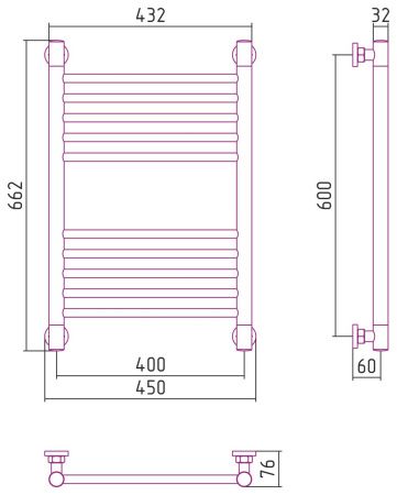Полотенцесушитель, Сунержа, Богема +, прямая, водяной, ширина, мм-450, глубина, мм-76, высота, мм-662, межосевое расстояние-400, подключение-диагональное/нижнее/вертикальное, температура теплоносителя-до 95°С, мощность-Вт-302, присоединительный размер-НР 
