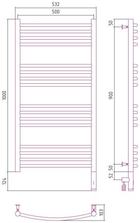Полотенцесушитель, Сунержа, Богема 3.0, выгнутая, электрический, ширина, мм-532, глубина, мм-103, высота, мм-1124, межосевое расстояние-500, нагревательный элемент-ТЭН, подключение-нижнее справа, электрокомплект-МЭМ, мощность, Вт-300, материал-нержавеющая, артикул 31-5803-1050