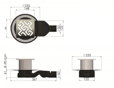 Трап BERGES водосток PLATZ Antik 150х150, матовый хром, S-сифон D50 H60 боковой, артикул 090161